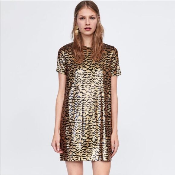 Zara -724 Animal‎ Print Black and Gold Sequin Shift Dress Small - Picture 1 of 9